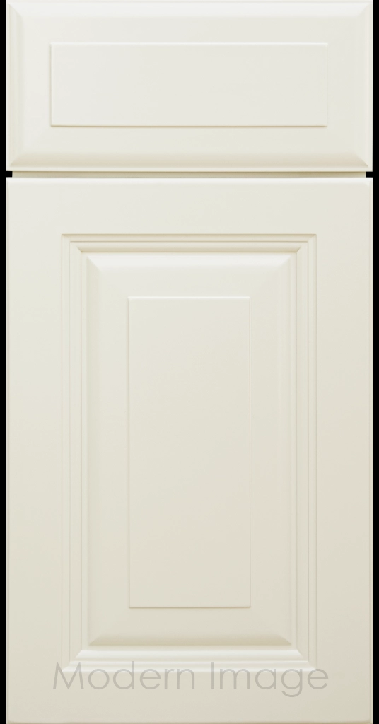 Durango raised panel cabinet door in a Canvas color featuring a stepped molded frame.